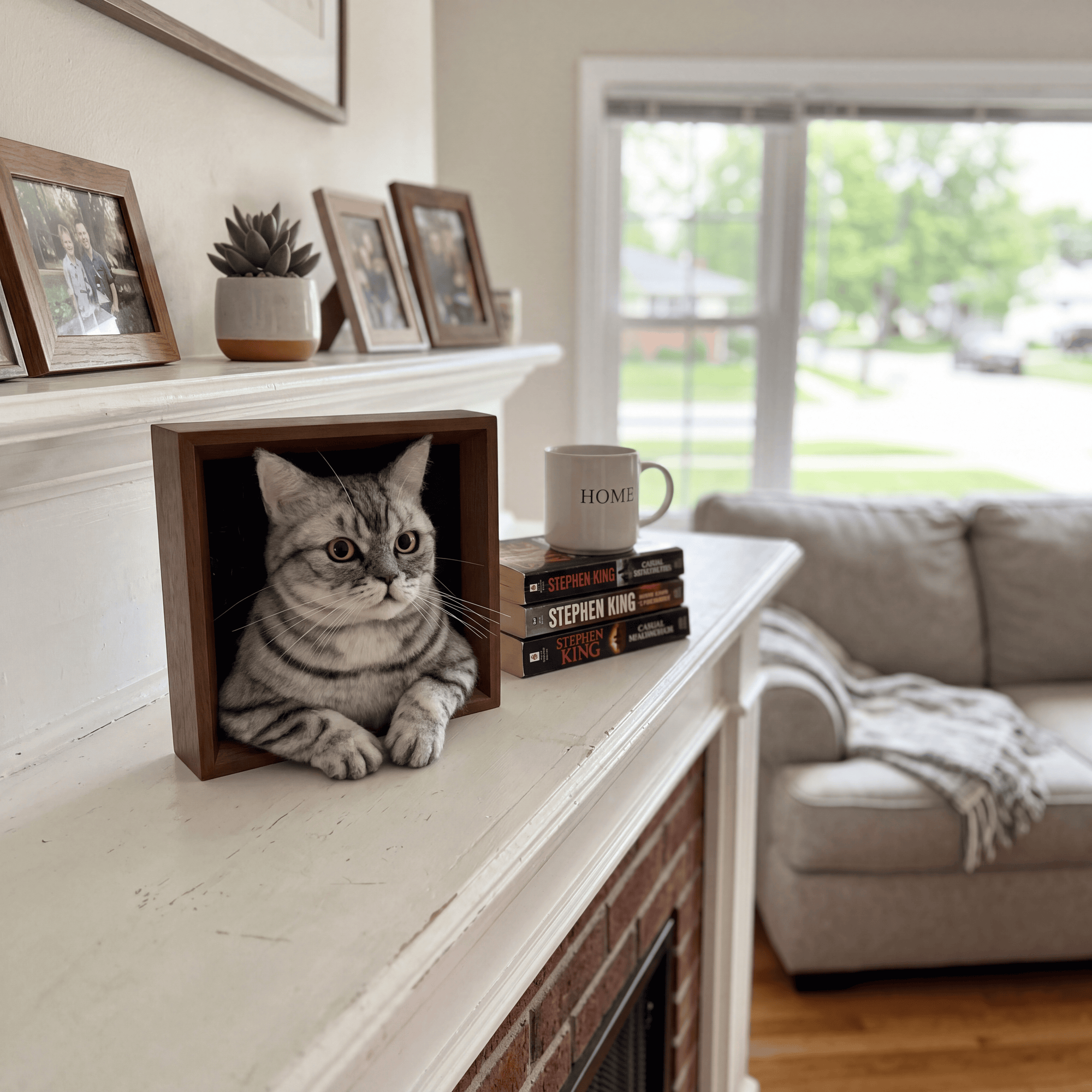 framed felted cat portrait handmade from photo