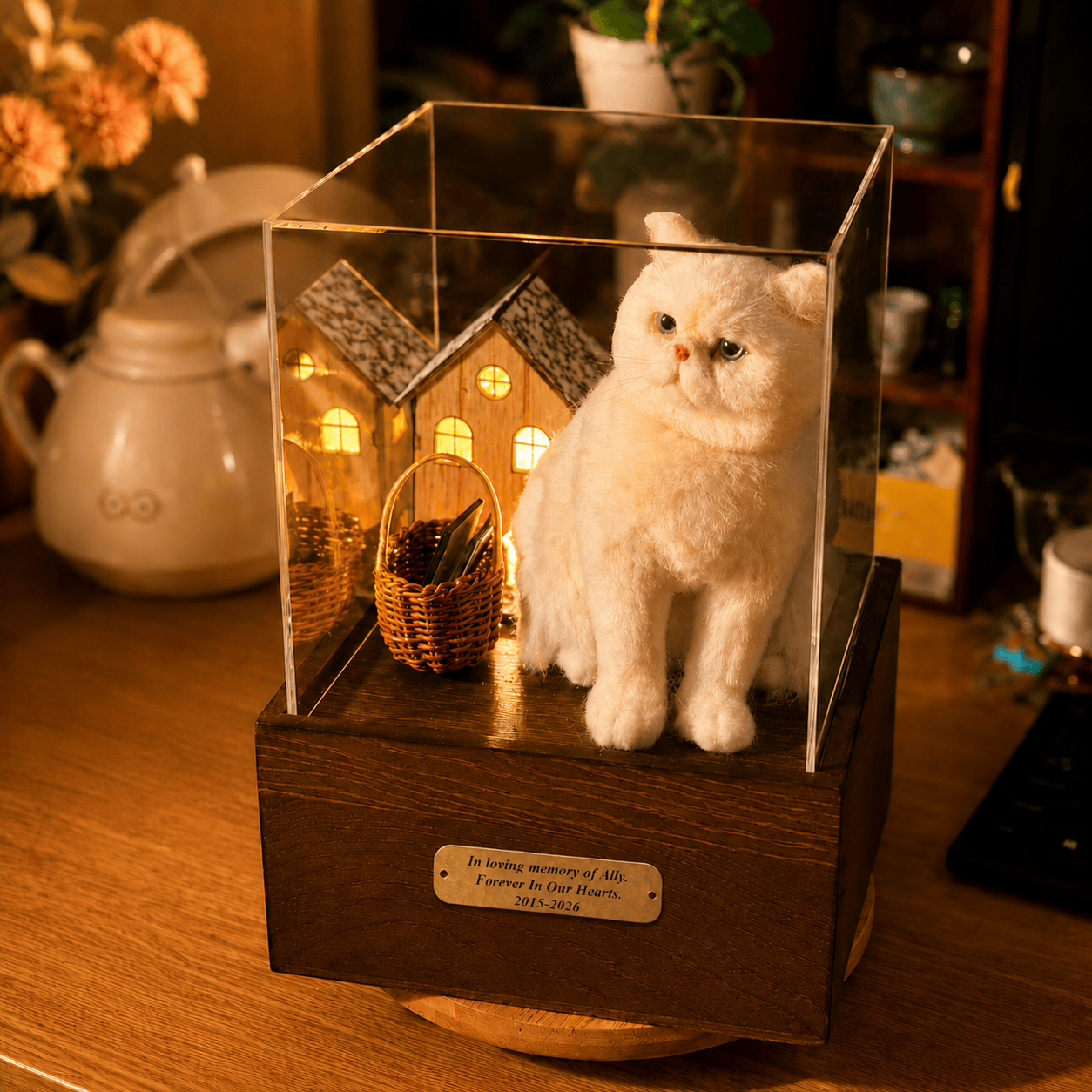 Custom pet memory home display for a wool felt pet replica