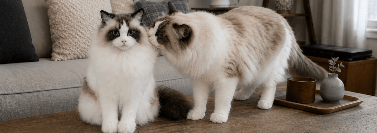 Real cat beside a custom wool felt cat replica handmade from photos